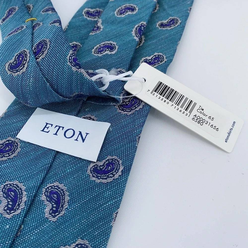 Eton Tie Mens One Size Teal Blue Paisley Silk Linen Necktie Made Italy